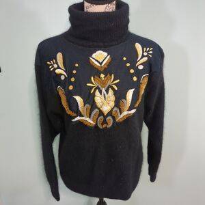 Vintage IB Diffusion Black Gold Embroidered Holiday Silk Wool Sweater medium
